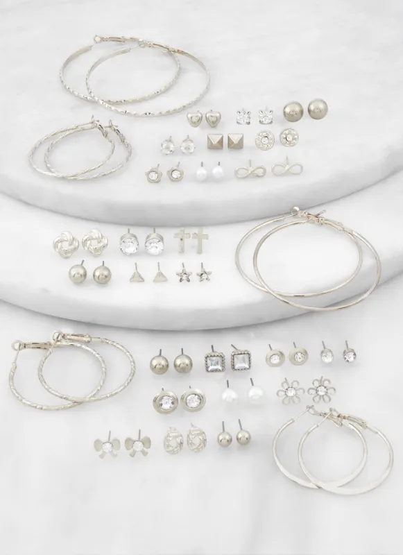 Set of 30 Metallic Rhinestone Stud and Hoop Earrings sold by Rainbow