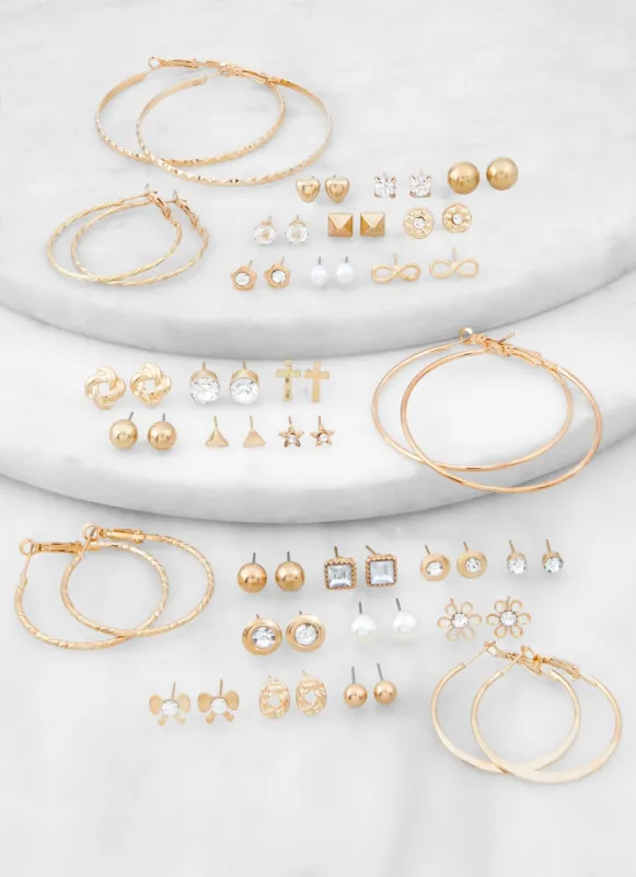 Set of 30 Metallic Rhinestone Stud and Hoop Earrings sold by Rainbow