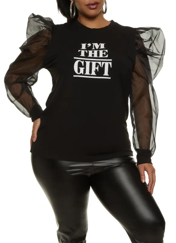 Plus Size Organza Sleeve The Gift Graphic Top sold by Rainbow