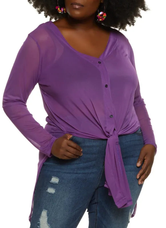 Plus Size Mesh Tie Front V Neck Shirt sold by Rainbow