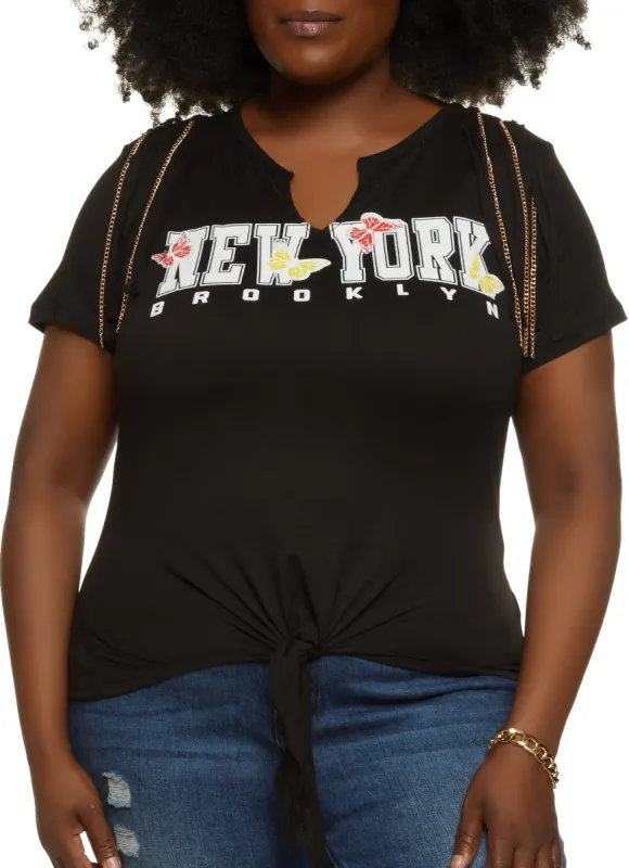Plus Size New York Graphic Chain Fringe Tee sold by Rainbow