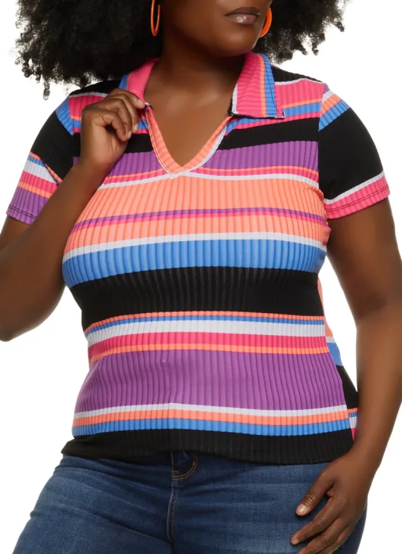 Plus Size Rib Knit Striped Polo Shirt sold by Rainbow