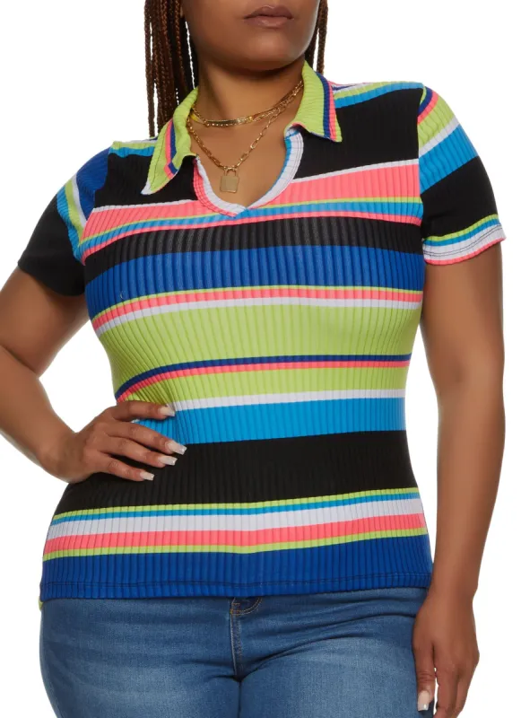 Plus Size Rib Knit Striped Polo Shirt sold by Rainbow