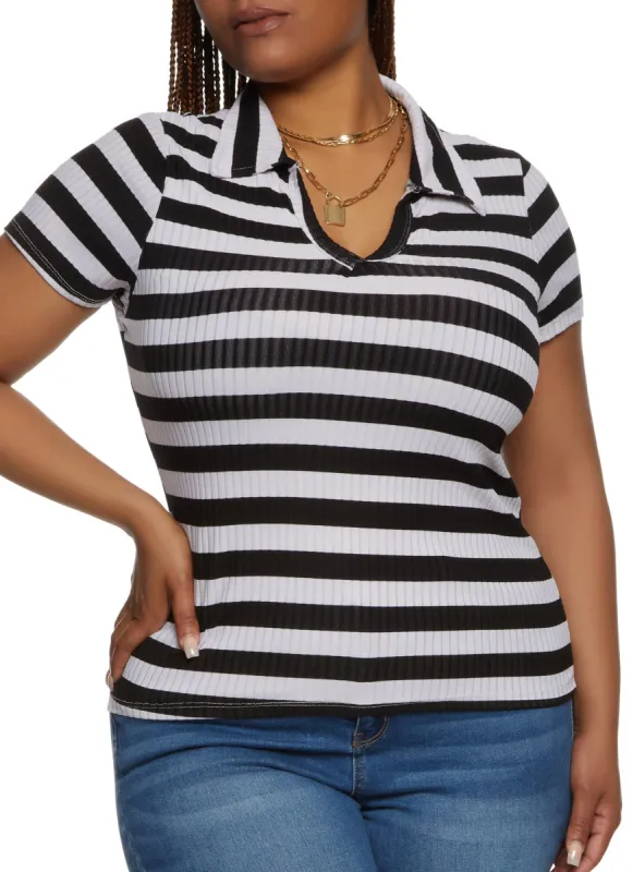 Plus Size Rib Knit Striped Polo Shirt sold by Rainbow