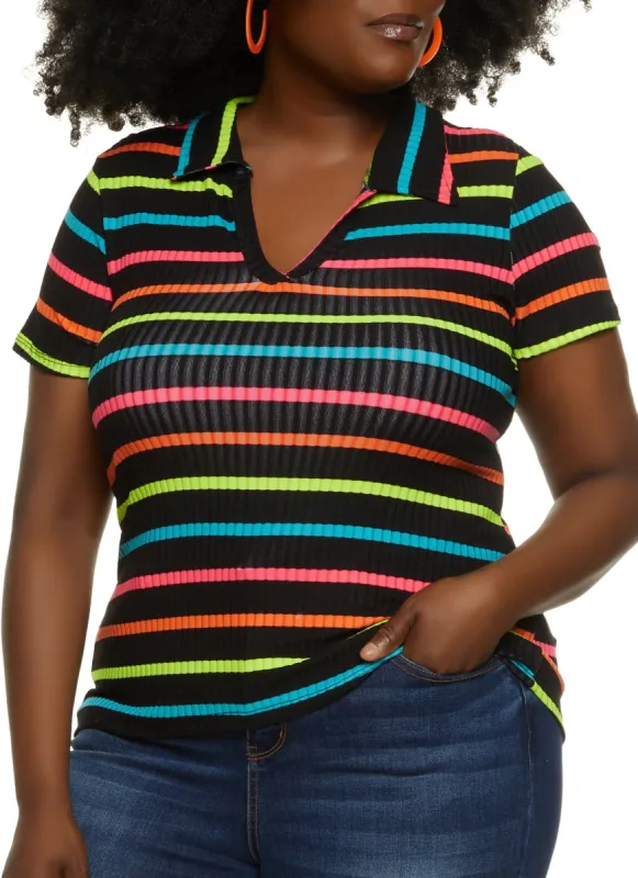 Plus Size Rib Knit Striped Polo Shirt sold by Rainbow