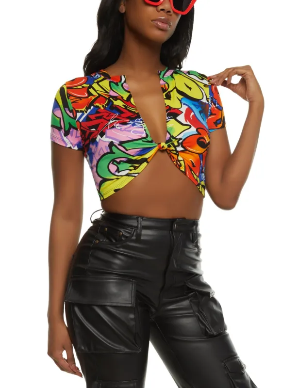 Graffiti Print Tie Front Crop Top sold by Rainbow