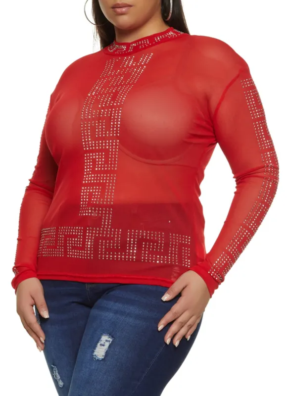 Plus Size Rhinestone Greek Key Sheer Top sold by Rainbow