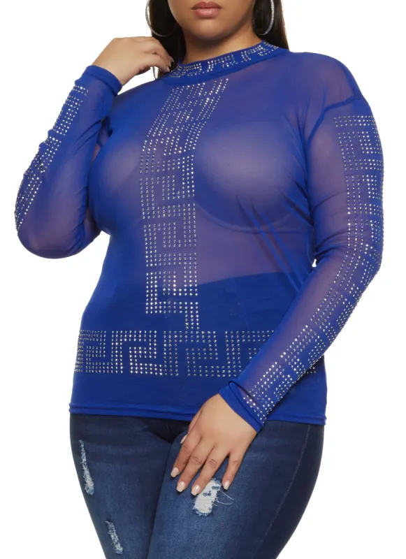 Plus Size Rhinestone Greek Key Sheer Top sold by Rainbow