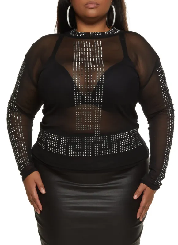 Plus Size Rhinestone Greek Key Sheer Top sold by Rainbow