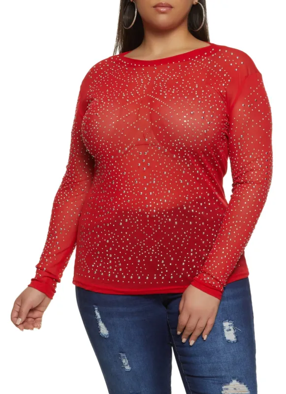 Plus Size Rhinestone Studded Long Sleeve Mesh Blouse sold by Rainbow