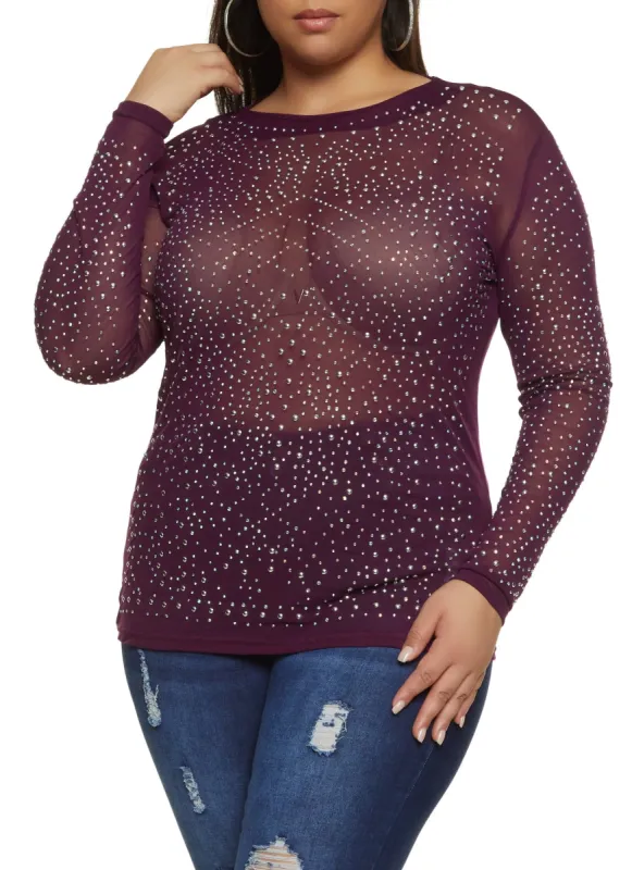 Plus Size Rhinestone Studded Long Sleeve Mesh Blouse sold by Rainbow