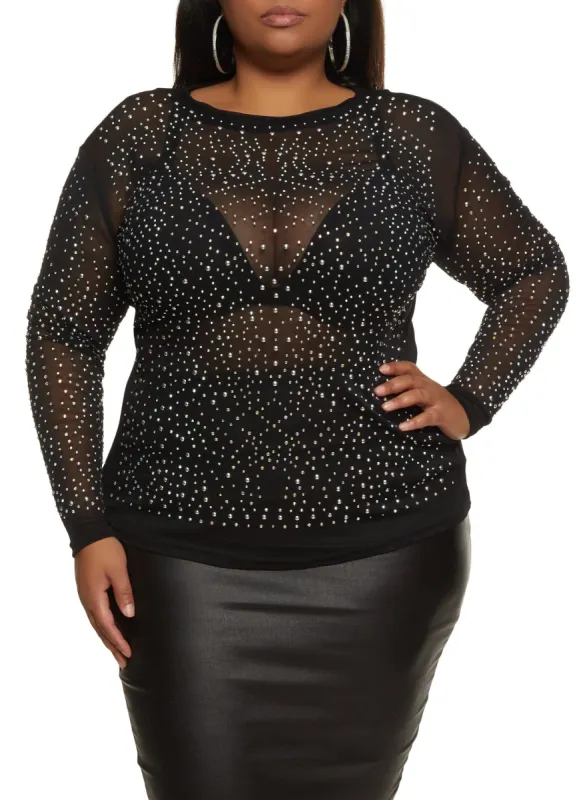 Plus Size Rhinestone Studded Long Sleeve Mesh Blouse sold by Rainbow