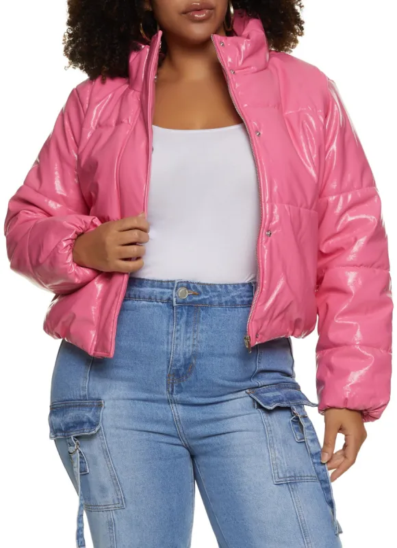 Plus Size Faux Patent Leather Cropped Puffer Jacket sold by Rainbow