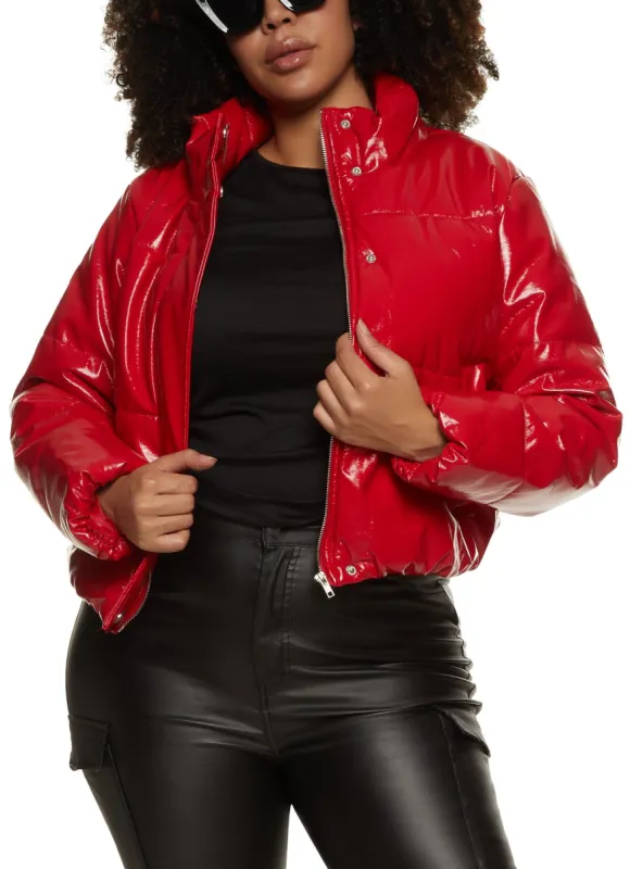 Plus Size Faux Patent Leather Cropped Puffer Jacket sold by Rainbow