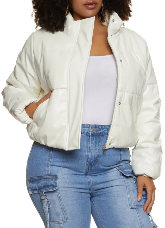 Plus Size Faux Patent Leather Cropped Puffer Jacket sold by Rainbow