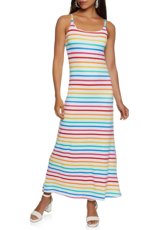 Striped Rainbow Maxi Cami Dress sold by Rainbow