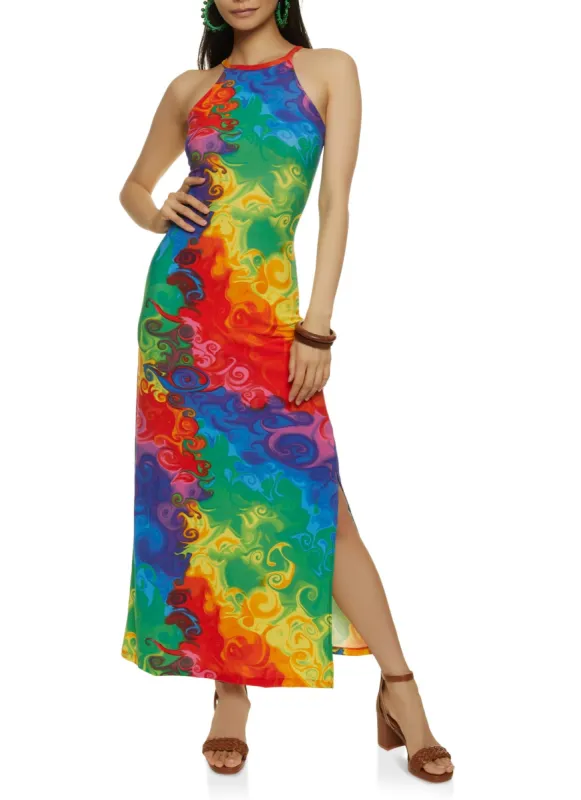 Psychedelic Print High Neck Maxi Dress sold by Rainbow