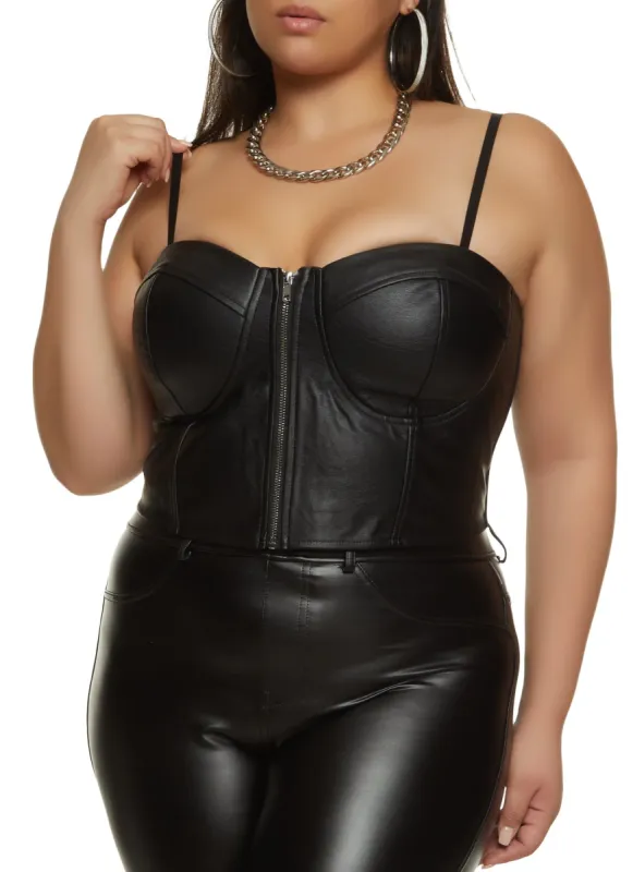 Plus Size Faux Leather Zip Front Convertible Bustier Top sold by Rainbow