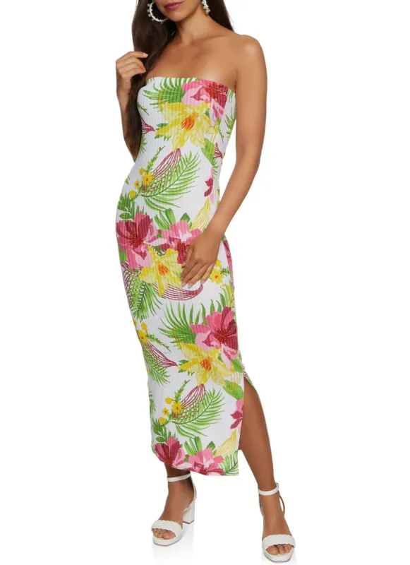 Ribbed Tropical Print Tube Dress sold by Rainbow