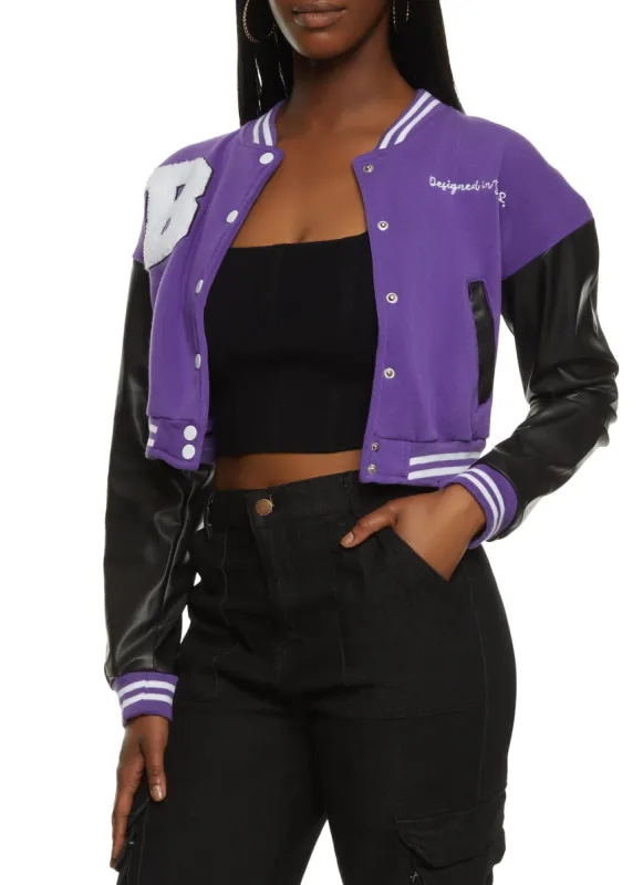 Faux Leather Sleeve Patch Varsity Jacket sold by Rainbow
