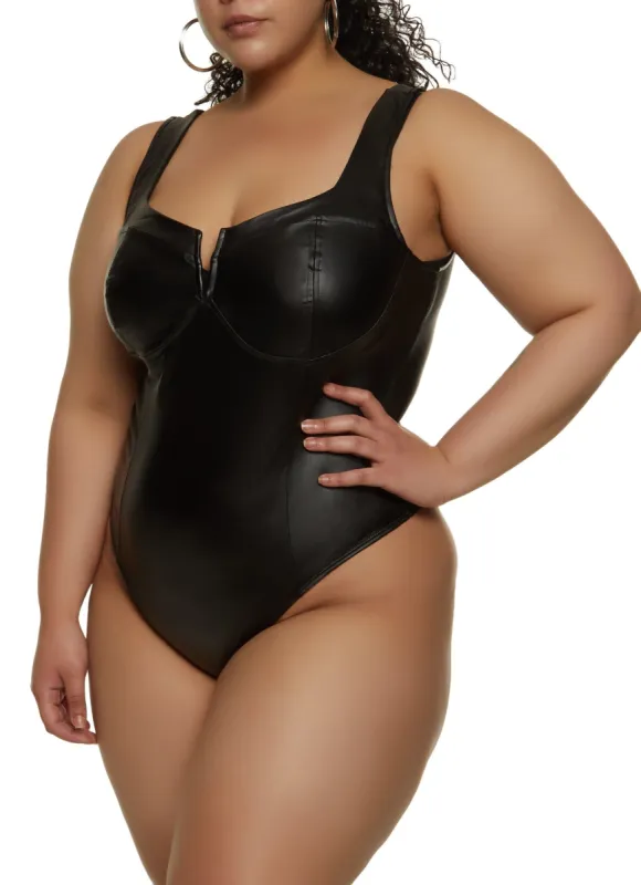 Plus Size Faux Leather Notch Neck Bustier Bodysuit sold by Rainbow