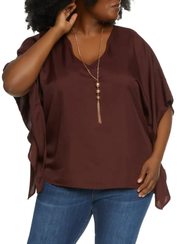 Plus Size Solid Poncho with Necklace sold by Rainbow