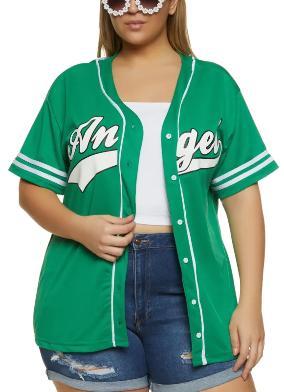 Plus Size Angel Button Front Mesh Baseball Tee sold by Rainbow