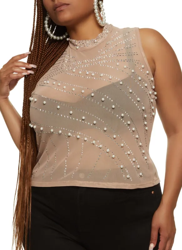 Plus Size Faux Pearl Rhinestone Mesh Tank Top sold by Rainbow