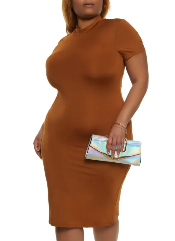 Plus Size Mock Neck Short Sleeve Midi Dress sold by Rainbow