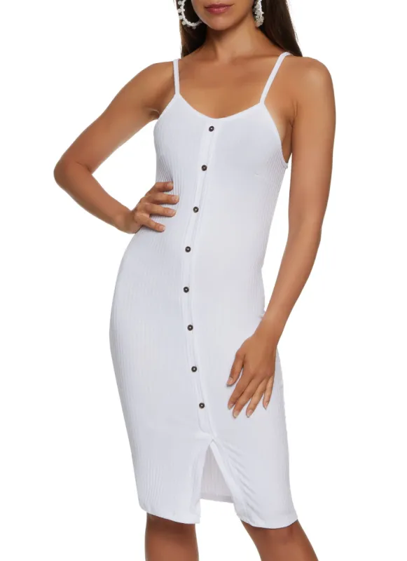 Ribbed Knit Button Detail Split Hem Cami Dress sold by Rainbow