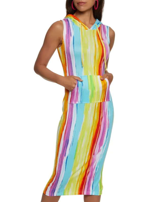 Rainbow Stripe Hooded Midi Dress sold by Rainbow