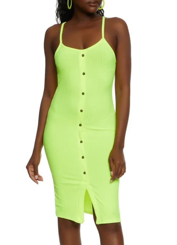 Ribbed Knit Button Detail Split Hem Cami Dress sold by Rainbow