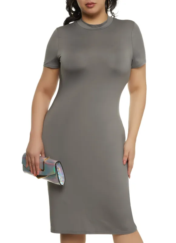 Plus Size Mock Neck Short Sleeve Midi Dress sold by Rainbow