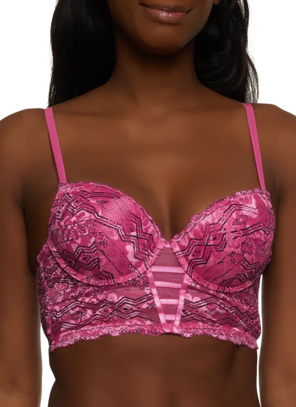 Geo Print Caged Front Lace Longline Plunge Bra sold by Rainbow