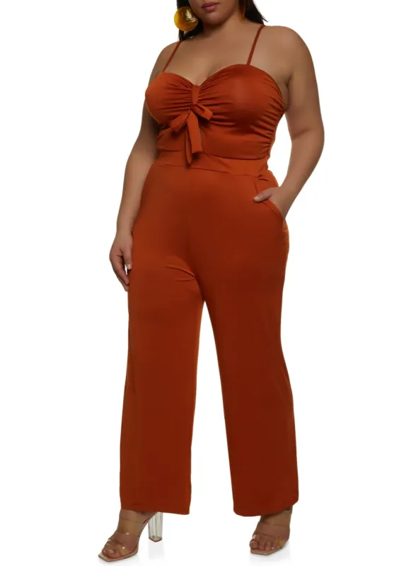 Plus Size Tie Front Keyhole Wide Leg Jumpsuit sold by Rainbow