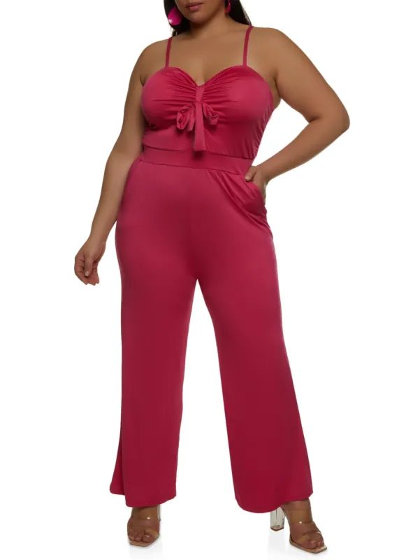 Plus Size Tie Front Keyhole Wide Leg Jumpsuit sold by Rainbow