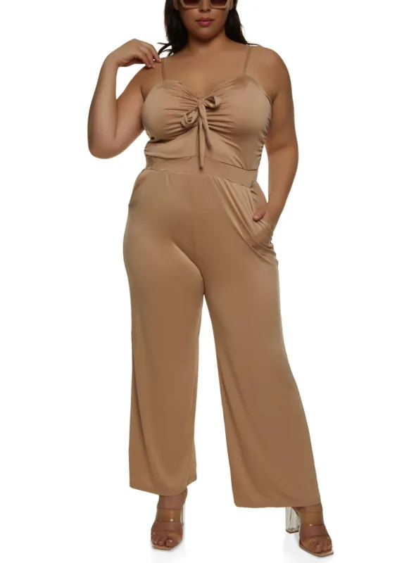 Plus Size Tie Front Keyhole Wide Leg Jumpsuit sold by Rainbow
