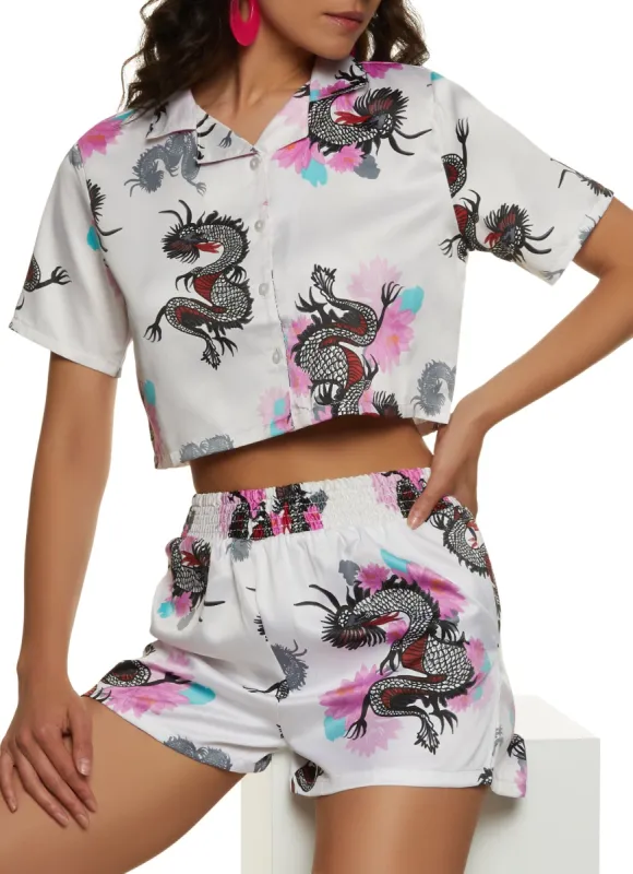 Dragon Print Button Front Crop Top sold by Rainbow