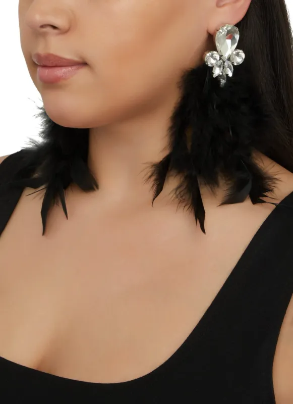 Rhinestone Long Feather Drop Earrings sold by Rainbow