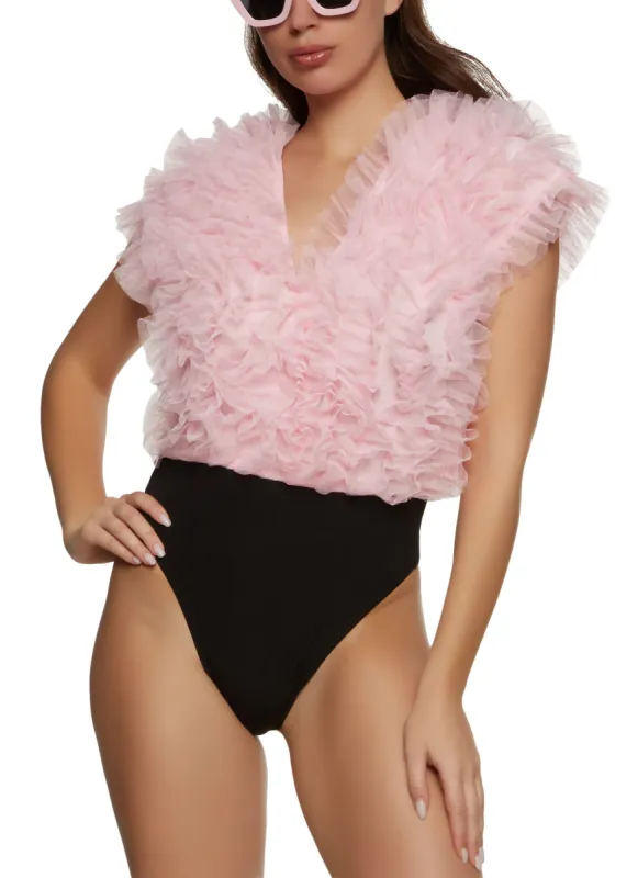 Tulle Ruffle V Neck Bodysuit sold by Rainbow