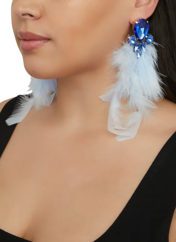 Rhinestone Long Feather Drop Earrings sold by Rainbow