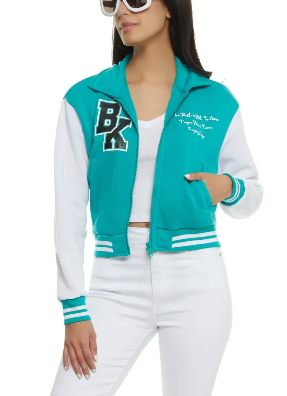 BK Initial Patch Zip Front Varsity Jacket sold by Rainbow