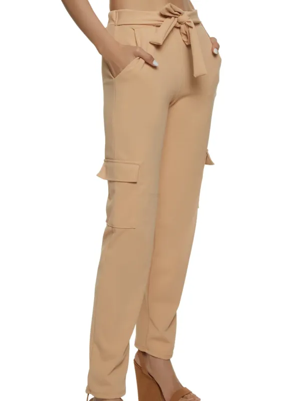 Crepe Knit Tie Waist Cargo Pants sold by Rainbow