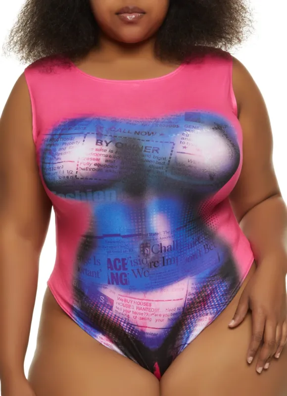 Plus Size Body Heat Newspaper Print Bodysuit sold by Rainbow