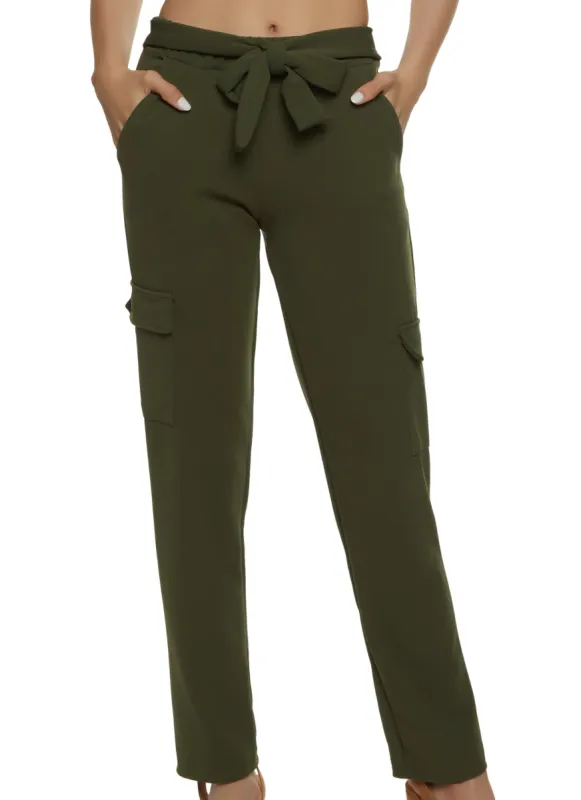 Crepe Knit Tie Waist Cargo Pants sold by Rainbow