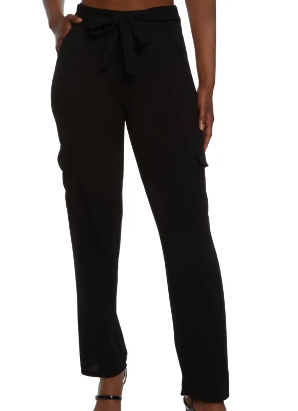 Crepe Knit Tie Waist Cargo Pants sold by Rainbow