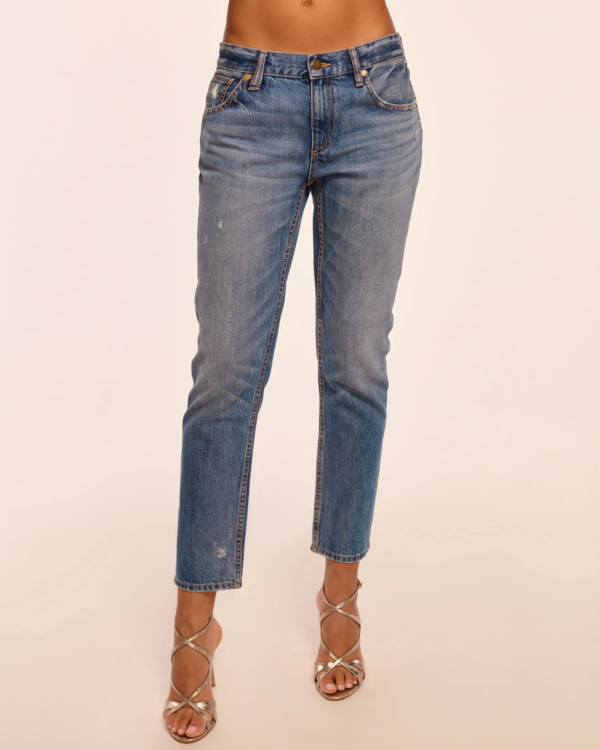 Milla Distressed Low-Rise Tapered Jean sold by Ramy Brook