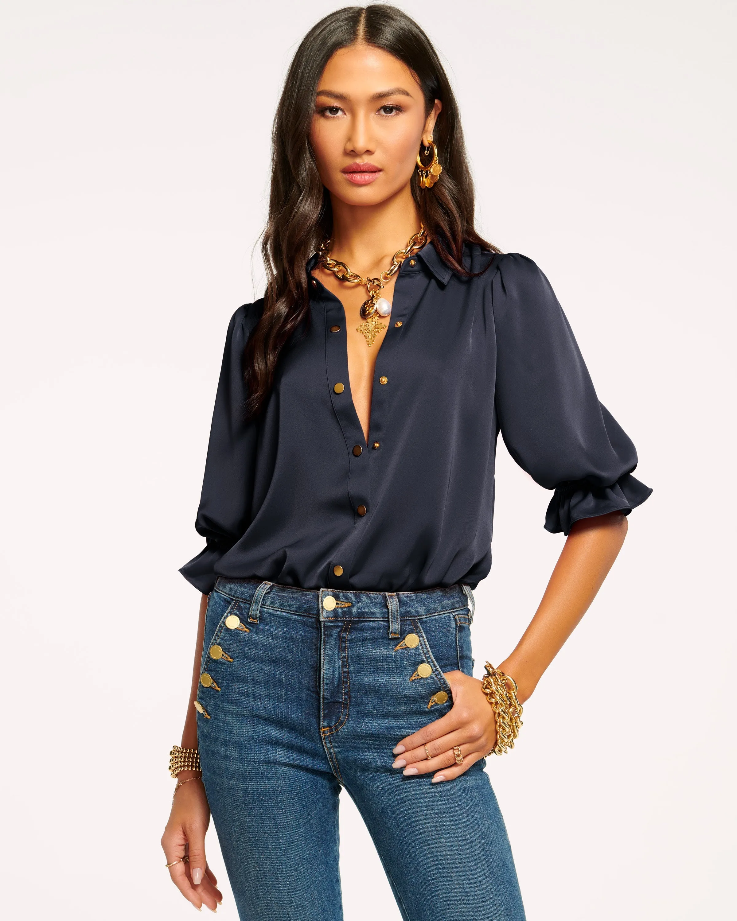 Dina Button Down Bodysuit | NAVY sold by Ramy Brook