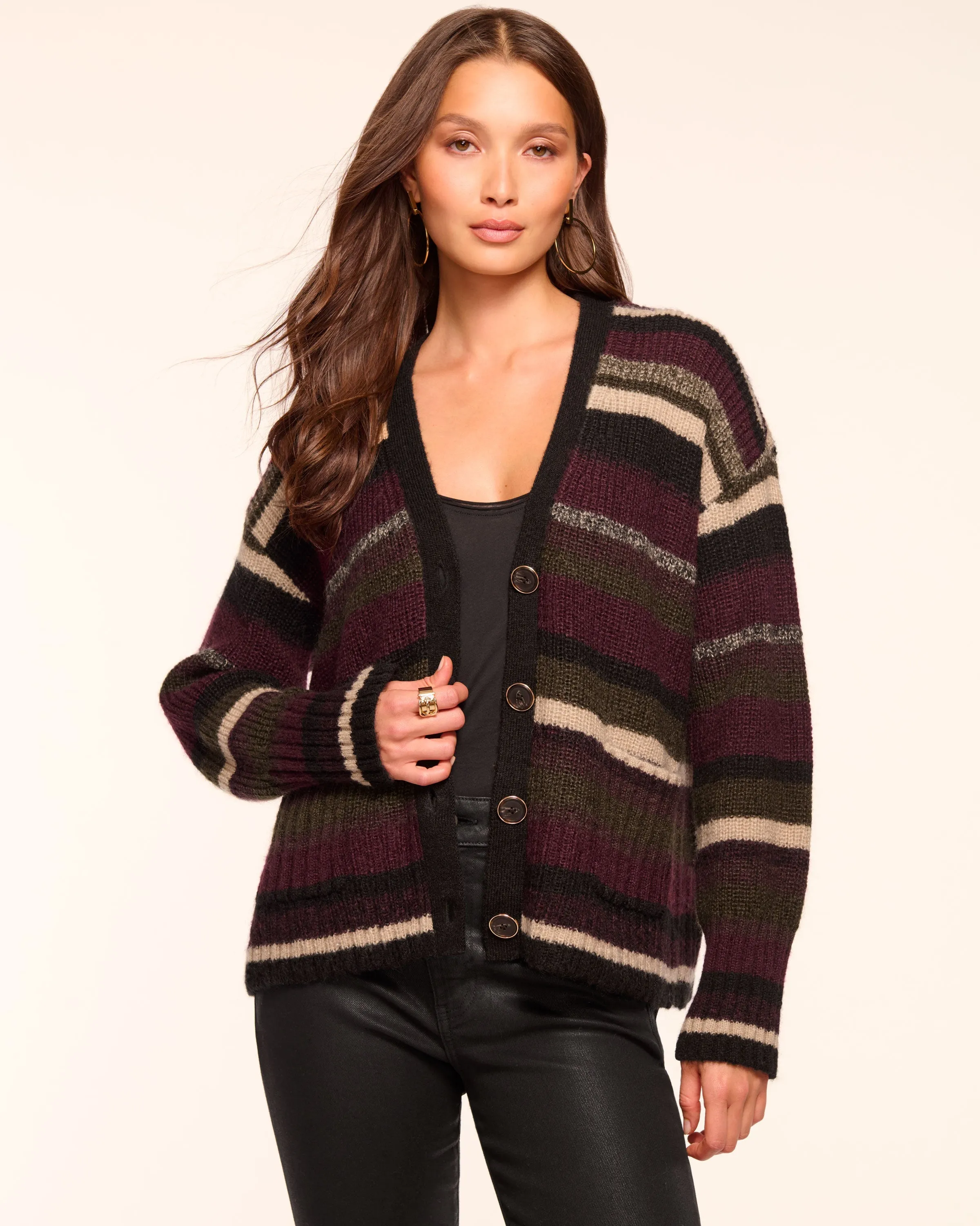 Caroline Striped Cardigan Sweater | OLIVE STRIPE sold by Ramy Brook product image thumbnail 2
