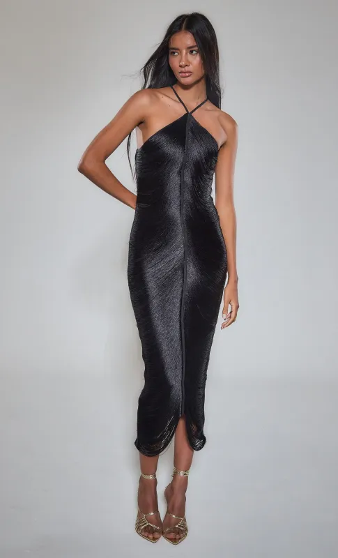 Black Fringe Detail Halter Maxi Dress sold by Rare London